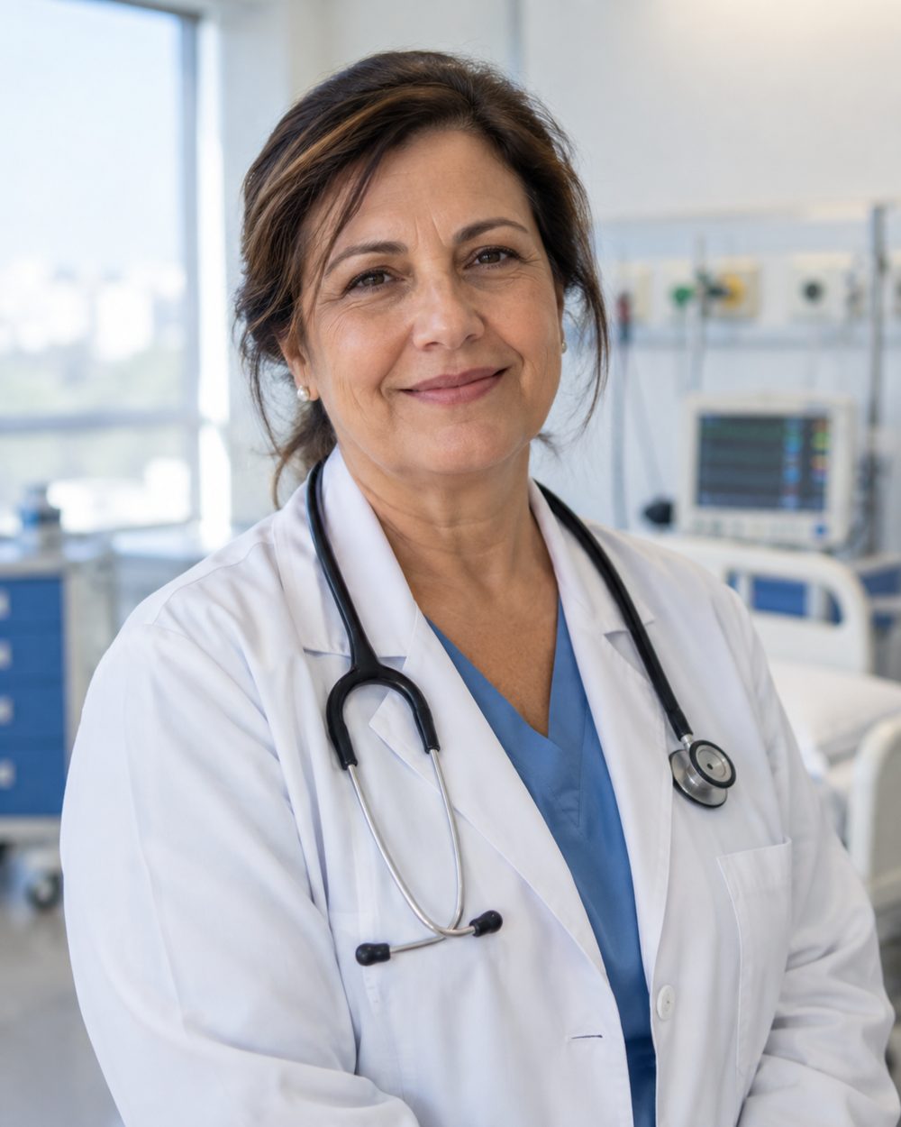 Profissional da saúde sorrindo em ambiente hospitalar